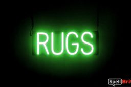 RUGS sign, featuring LED lights that look like neon RUG signs