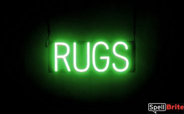 RUGS sign, featuring LED lights that look like neon RUG signs