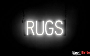 RUGS sign, featuring LED lights that look like neon RUG signs