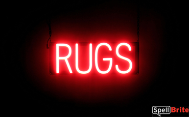 RUGS sign, featuring LED lights that look like neon RUG signs