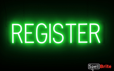 REGISTER Sign – SpellBrite’s LED Sign Alternative to Neon REGISTER Signs for Businesses in Green