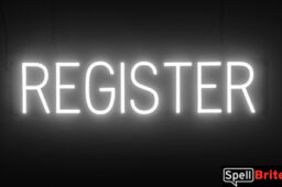 REGISTER sign, featuring LED lights that look like neon REGISTER signs