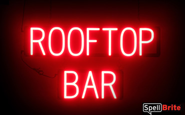 Rooftop Bar sign, featuring LED lights that look like neon Rooftop Bar signs