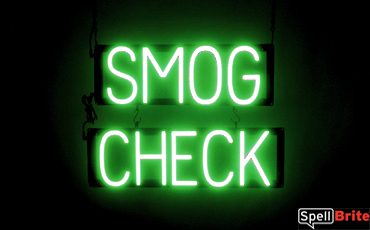 SMOG CHECK sign, featuring LED lights that look like neon SMOG CHECK signs