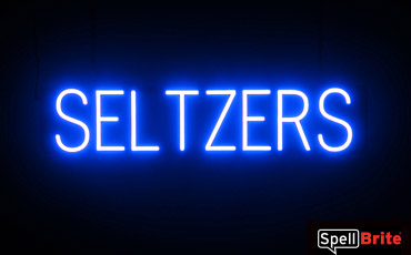 SELTZERS sign, featuring LED lights that look like neon SELTZERS signs