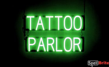 TATTOO PARLOR sign, featuring LED lights that look like neon TATTOO PARLOR signs