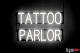 TATTOO PARLOR sign, featuring LED lights that look like neon TATTOO PARLOR signs