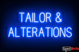 Tailor & Alterations sign, featuring LED lights that look like neon Tailor & Alterations signs