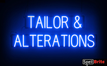 Tailor & Alterations sign, featuring LED lights that look like neon Tailor & Alterations signs