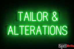 Tailor & Alterations sign, featuring LED lights that look like neon Tailor & Alterations signs