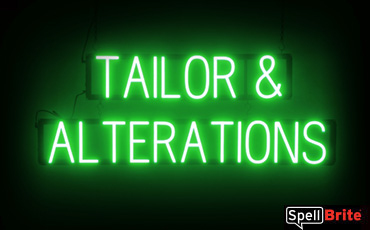 Tailor & Alterations sign, featuring LED lights that look like neon Tailor & Alterations signs
