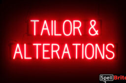 Tailor & Alterations sign, featuring LED lights that look like neon Tailor & Alterations signs