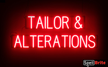 Tailor & Alterations sign, featuring LED lights that look like neon Tailor & Alterations signs