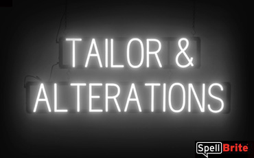 Tailor & Alterations sign, featuring LED lights that look like neon Tailor & Alterations signs