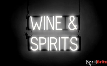 WINE SPIRITS sign, featuring LED lights that look like neon WINE SPIRITS signs