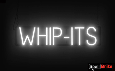 Whip-Its sign,
  featuring LED lights that look like neon Whip-Its signs