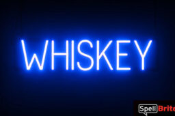 WHISKEY sign, featuring LED lights that look like neon WHISKEY signs