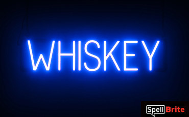 WHISKEY sign, featuring LED lights that look like neon WHISKEY signs