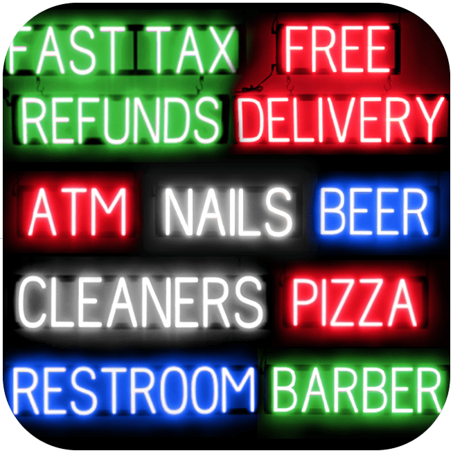 This image shows a wide variety of SpellBrite’s signs for business, featuring premade signs including “Nails,” “Pizza,” and “Cleaners.”