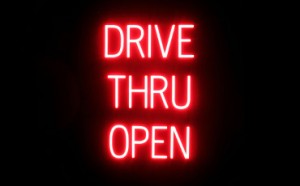 DRIVE THRU OPEN illuminated LED signs that use changeable letters to make window signs