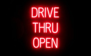 DRIVE THRU OPEN illuminated LED signs that use click-together letters to make window signs
