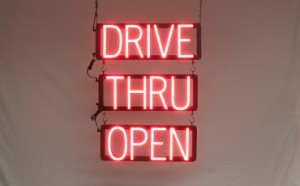 DRIVE THRU OPEN illuminated LED signs that use changeable letters to make window signs