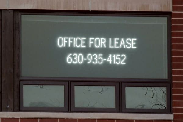 Featured here is one of SpellBrite’s neon signs, made with an LED light source, that advertises an “Office for Lease” along with a phone number to call for inquiries.
