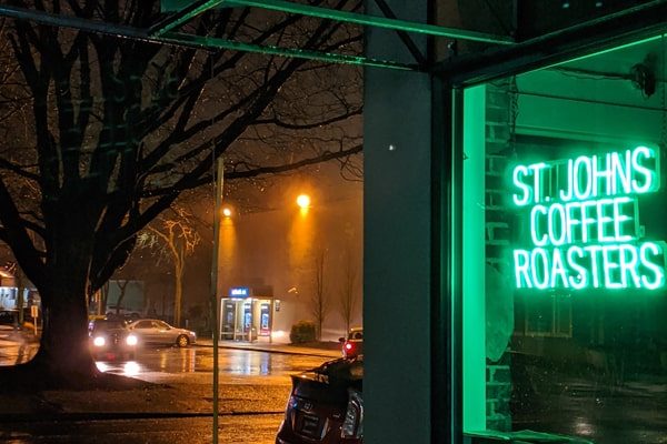 This custom coffee shop sign provides brand recognition and advertising for “St. Johns Coffee Roasters.”