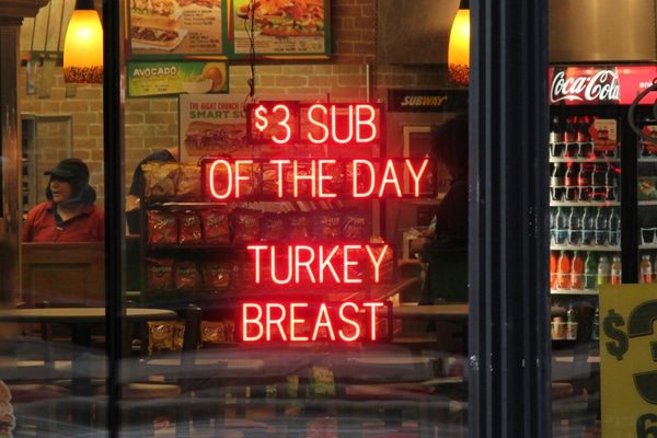 One of SpellBrite’s LED restaurant signs showcasing a special: “$3 Sub of the Day: Turkey Breast.”