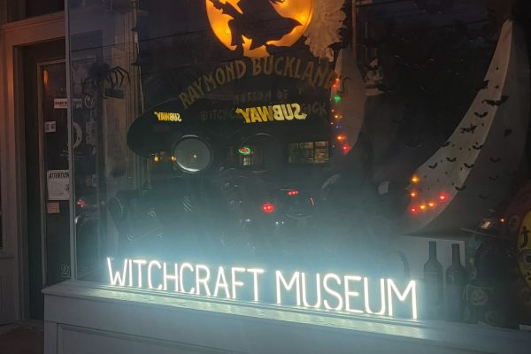 One of SpellBrite’s LED signs advertising the Buckland Witchcraft Museum